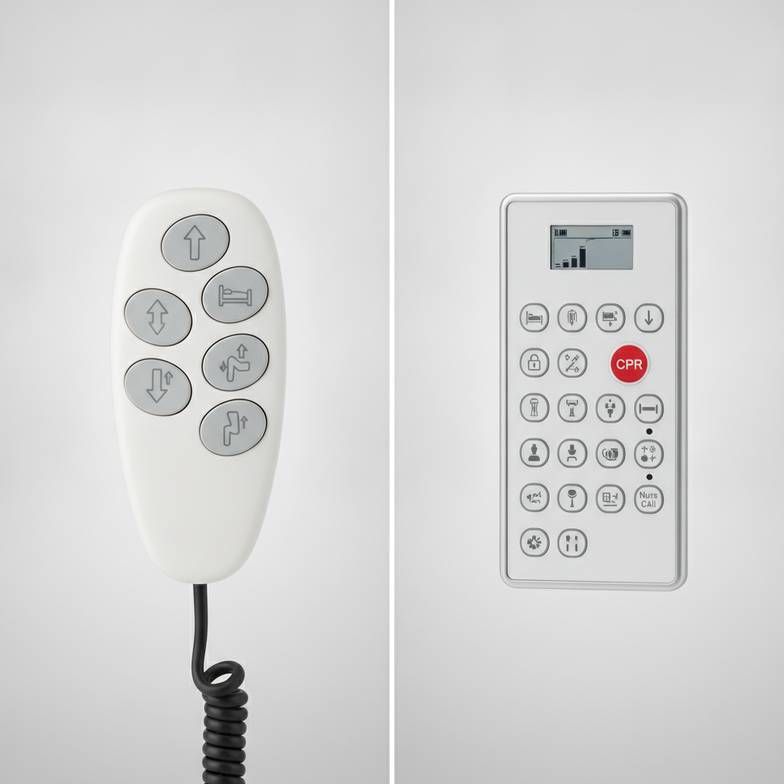 A split image showing a simple patient handset on one side and a more complex nurse control panel on the other.