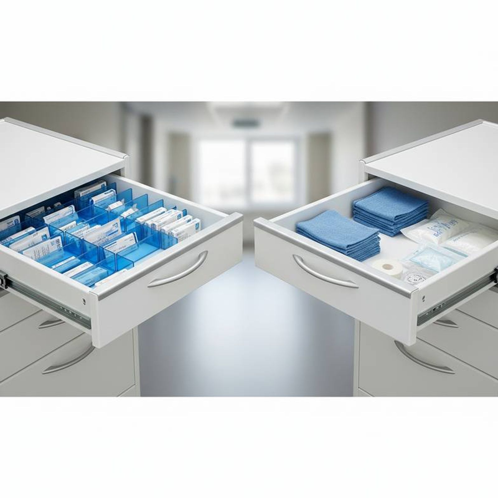 A close-up split-screen image showing the inside of a medication trolley drawer with dividers and a treatment trolley drawer with larger, open space.