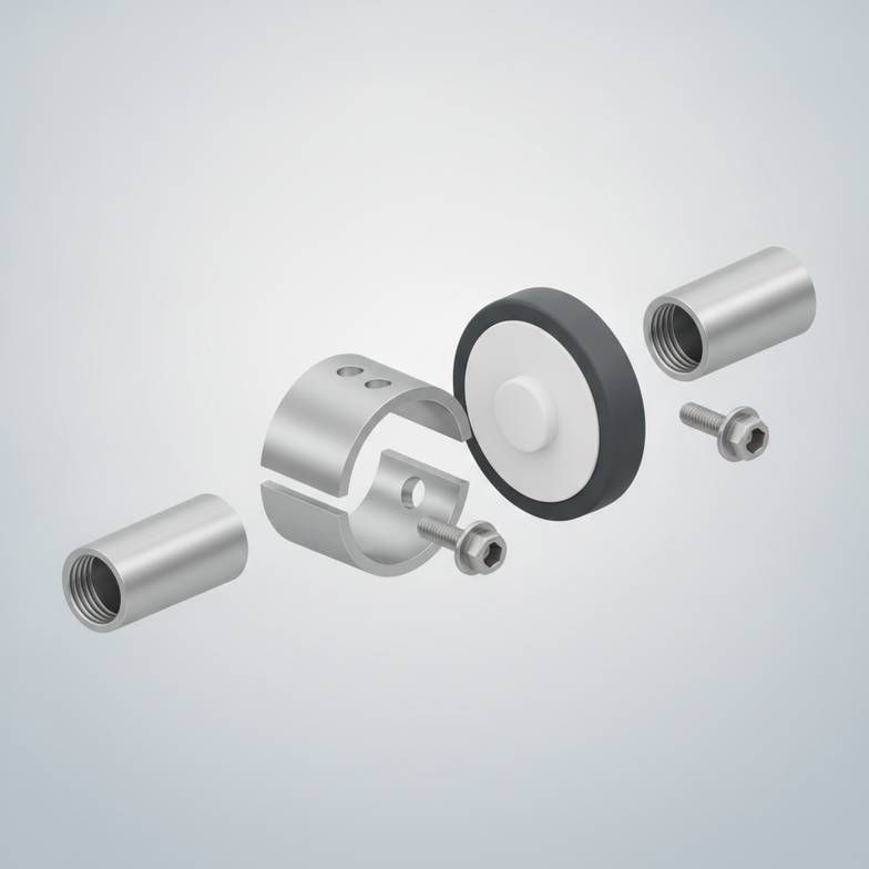 Diagram showing the mounting mechanism of a hospital bed bumper wheel on a bed frame tube.