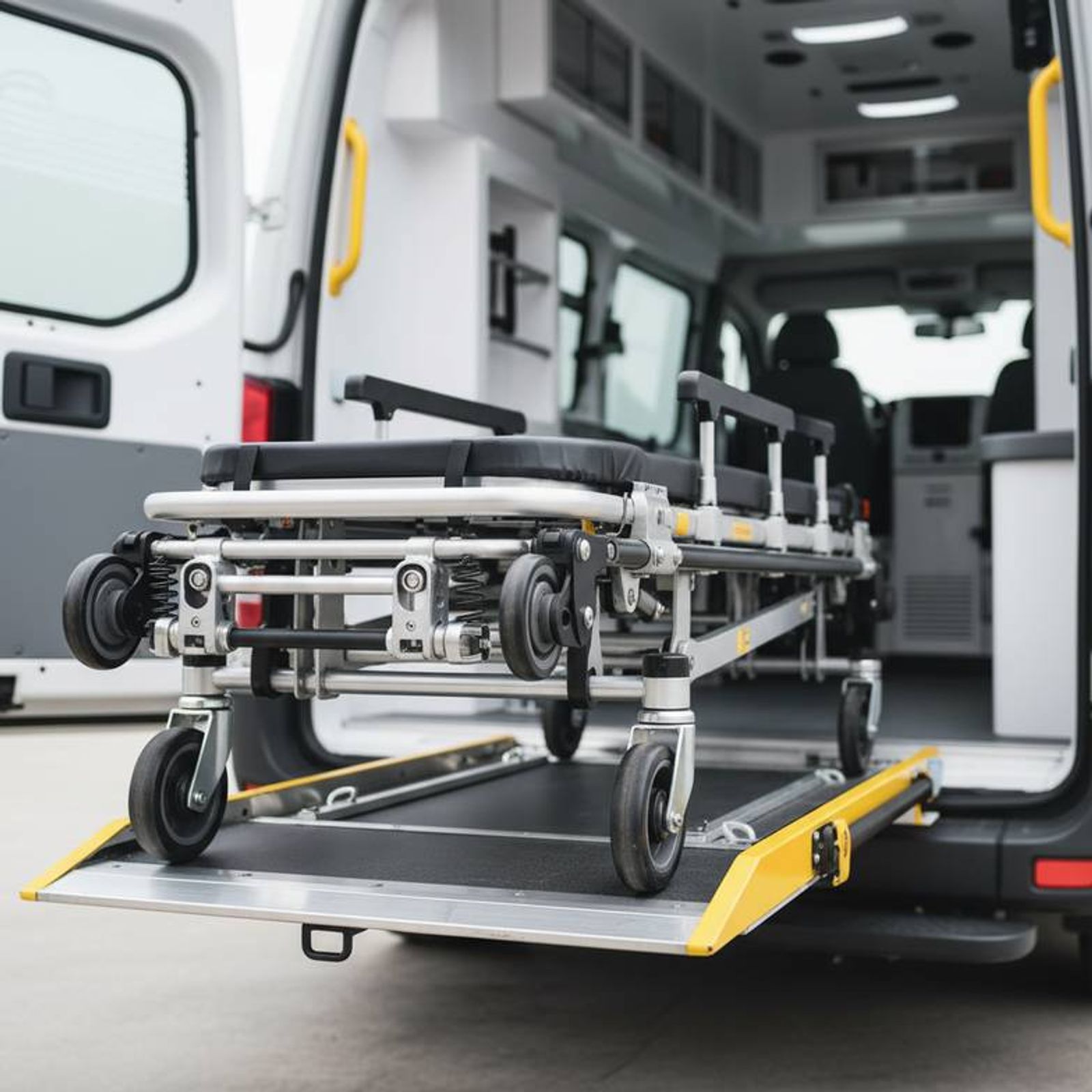A paramedic demonstrating the loading mechanism of an ambulance stretcher into a vehicle