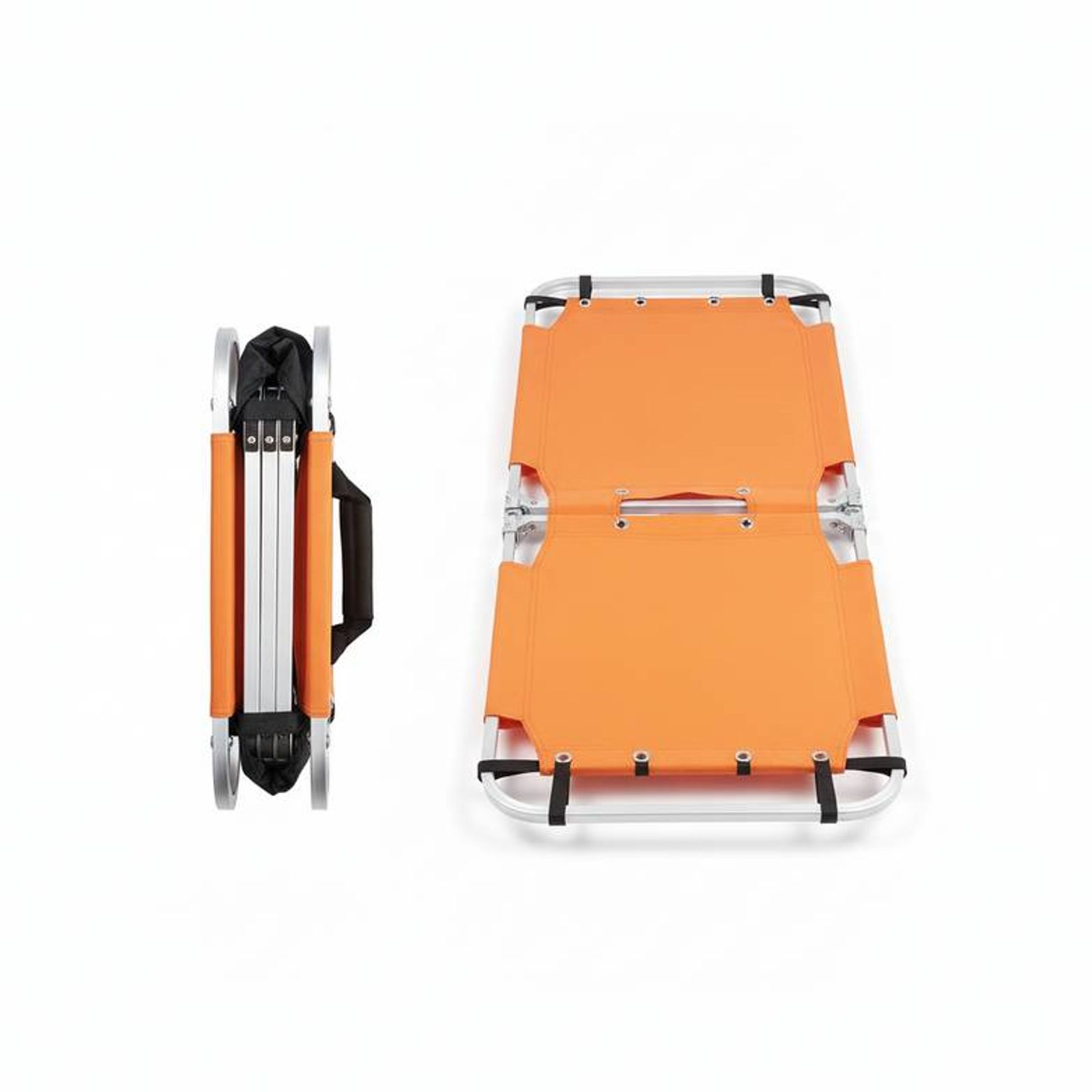A lightweight folding stretcher being demonstrated for emergency evacuation purposes.