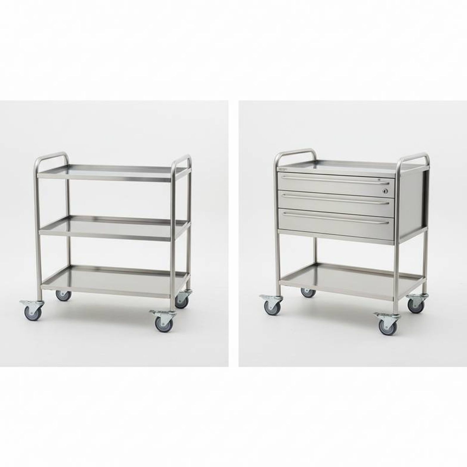 A split-screen image. Left side shows a trolley with open shelves. Right side shows a similar trolley with multiple drawers and a lock.