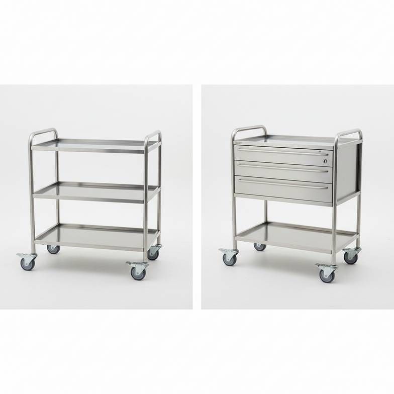 A split-screen image. Left side shows a trolley with open shelves. Right side shows a similar trolley with multiple drawers and a lock.
