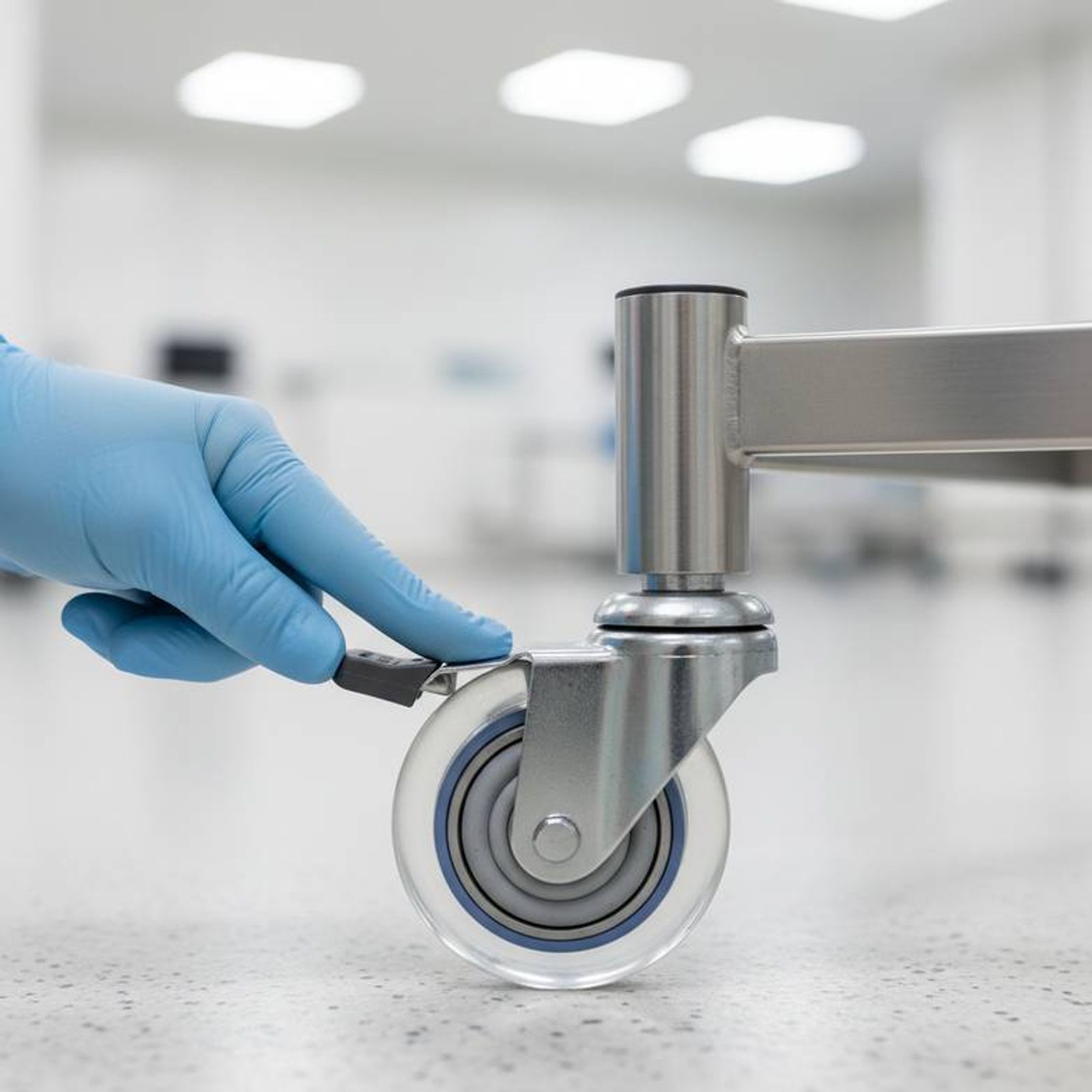 An inspector tests the locking mechanism of a caster wheel on a stainless steel medical trolley, checking for functional defects.