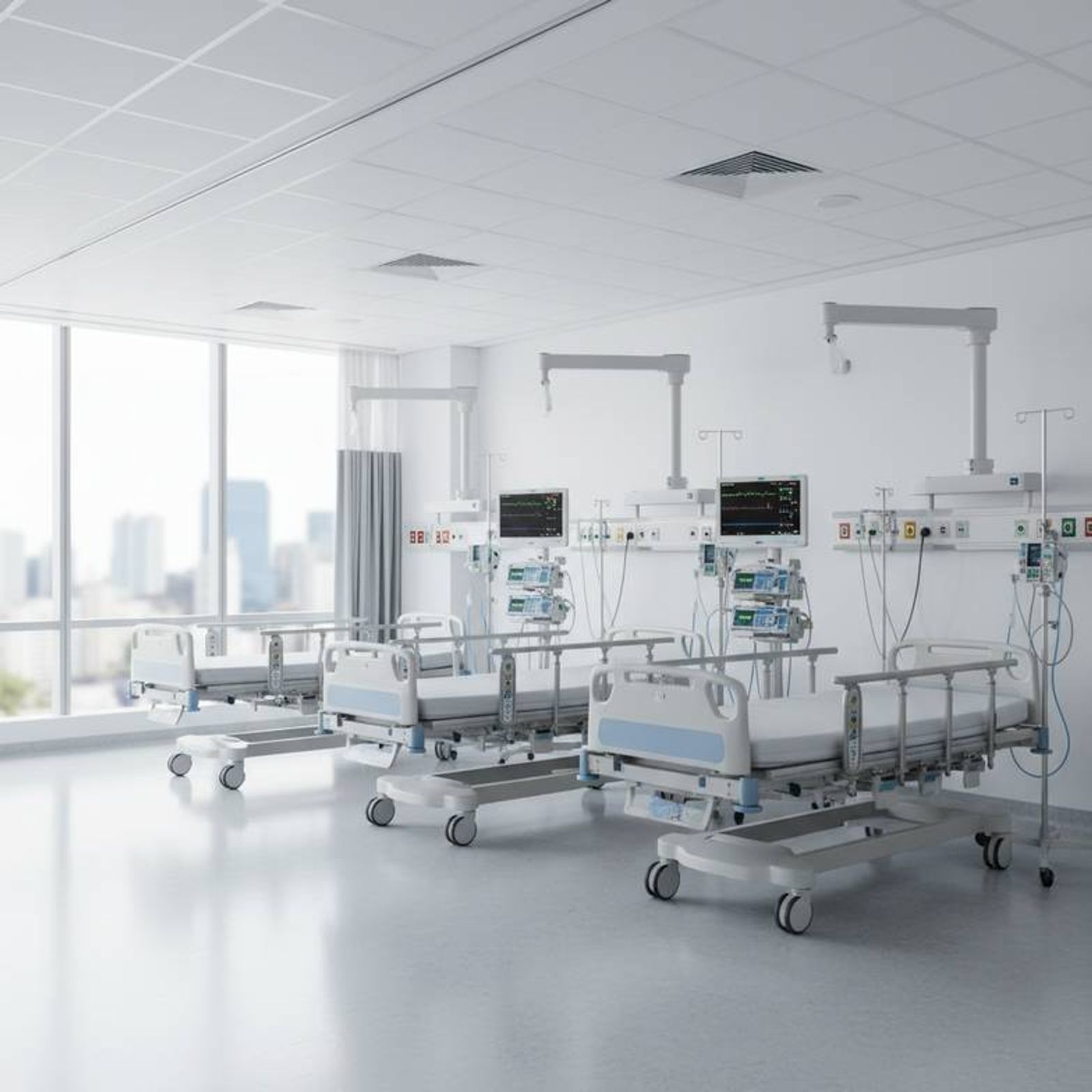 A busy ICU with multiple electric hospital beds, illustrating high-intensity use that impacts the hospital bed replacement cycle