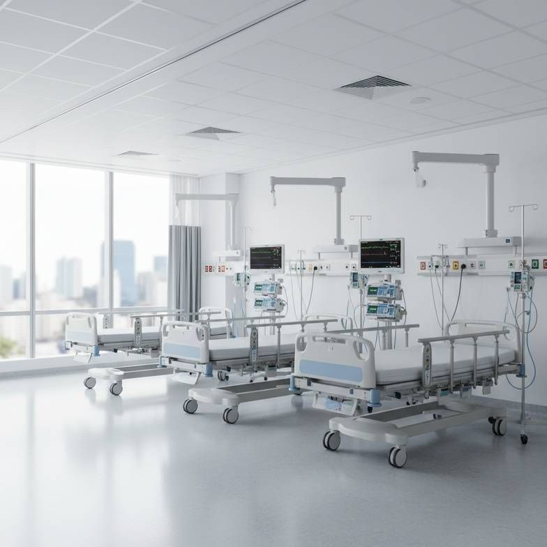 A busy ICU with multiple electric hospital beds, illustrating high-intensity use that impacts the hospital bed replacement cycle