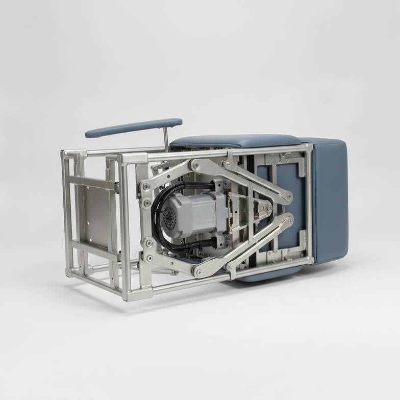 The steel frame mechanism of a durable medical recliner for long-term care facilities