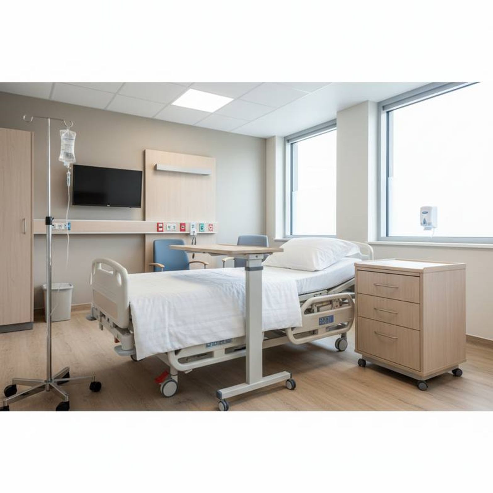 A fully equipped patient room showing a hospital bed with a mattress, bedside cabinet, overbed table, and IV pole.