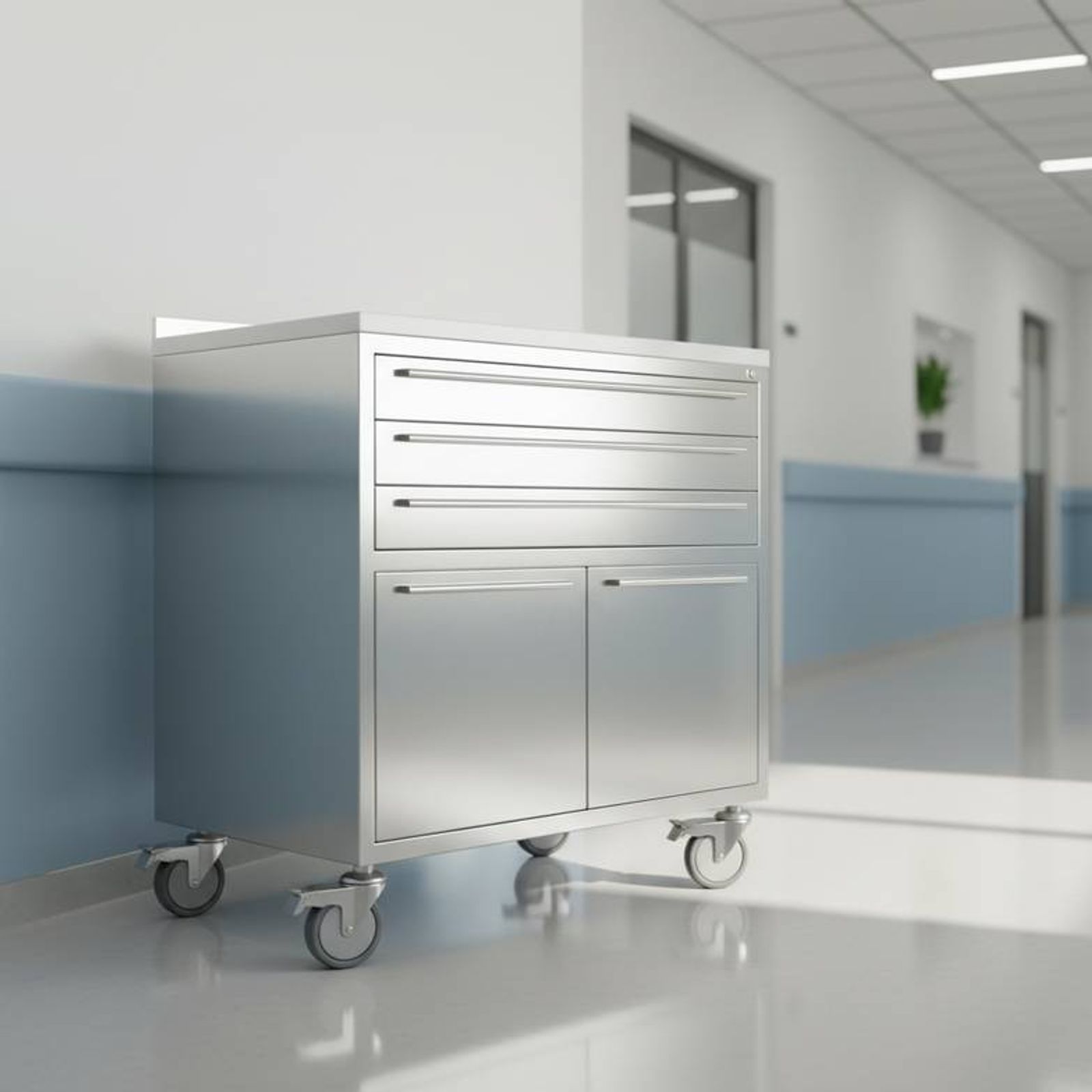A clean and modern hospital corridor with a new medical trolley ready for use.