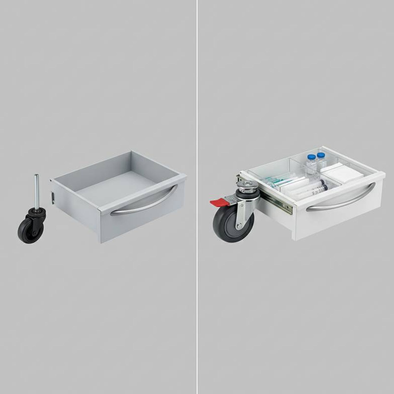 A close-up shot comparing the functional details of two trolleys. One side shows a basic, non-locking drawer and a simple caster. The other side shows a well-organized drawer with dividers and a high-quality, lockable caster.