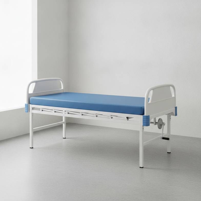 A simple, sturdy manual hospital bed in a basic clinic room, representing durable furniture for African rural clinic projects.