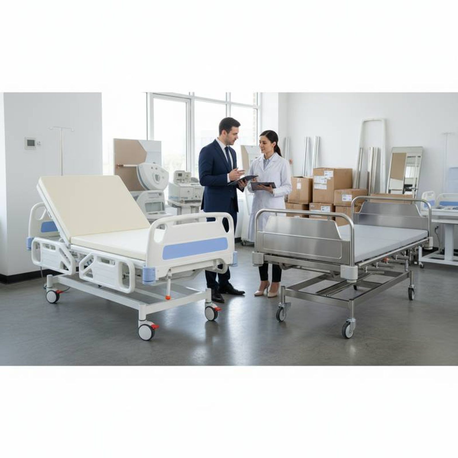 Illustration showing a hospital bed with callouts pointing to the steel frame, ABS headboard, and powder-coated steel side rails.