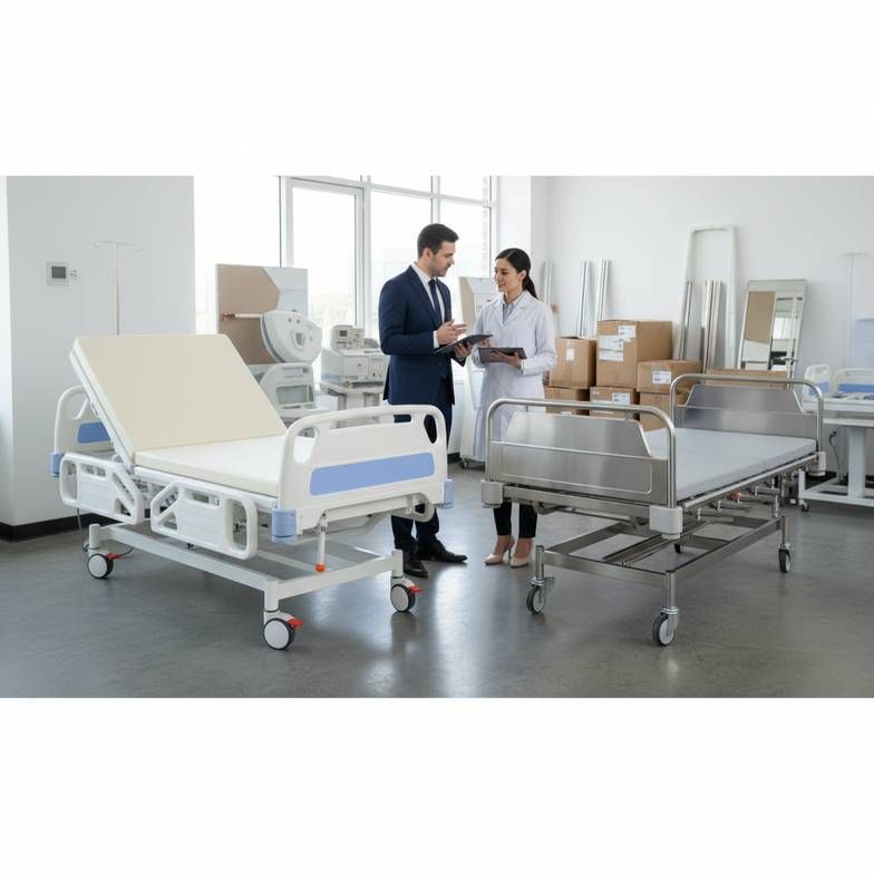 Illustration showing a hospital bed with callouts pointing to the steel frame, ABS headboard, and powder-coated steel side rails.