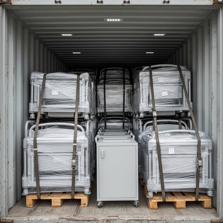 Shipping container being loaded with hospital furniture