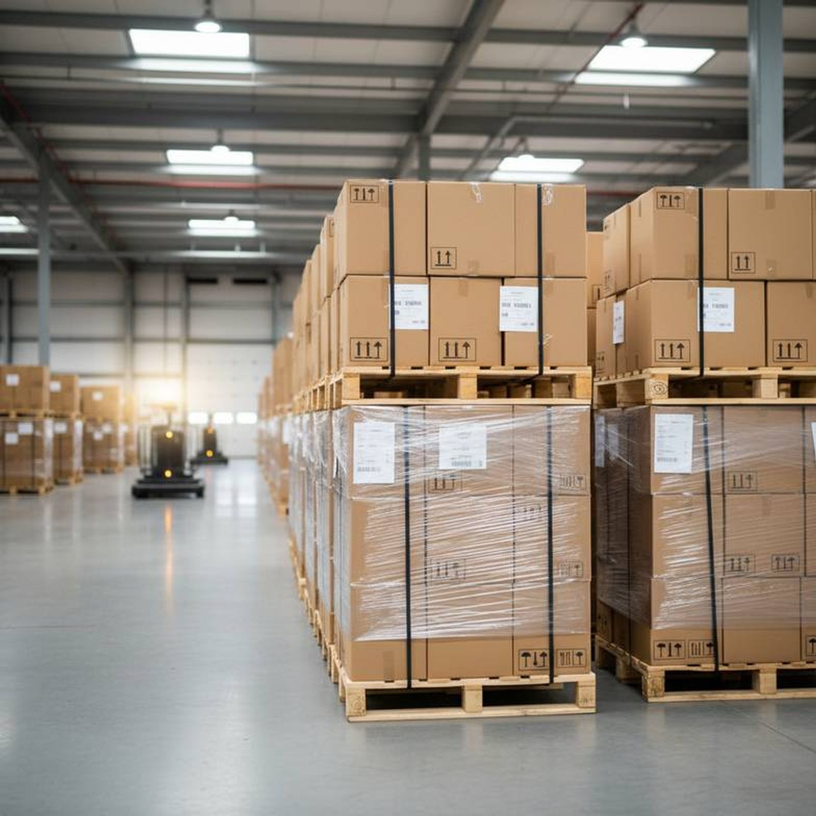 A warehouse scene showing neatly stacked and labeled cartons of medical furniture ready for export.