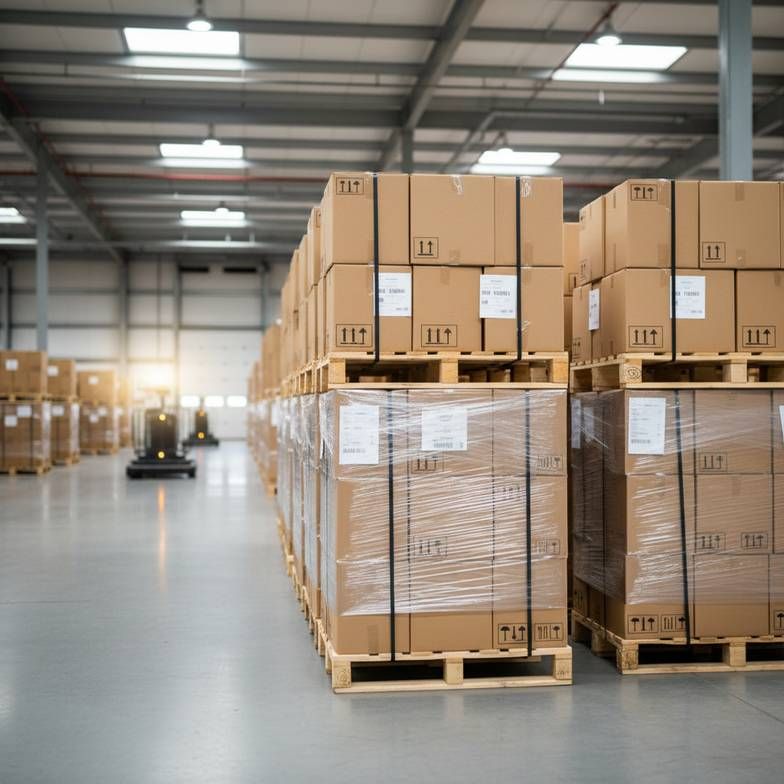A warehouse scene showing neatly stacked and labeled cartons of medical furniture ready for export.