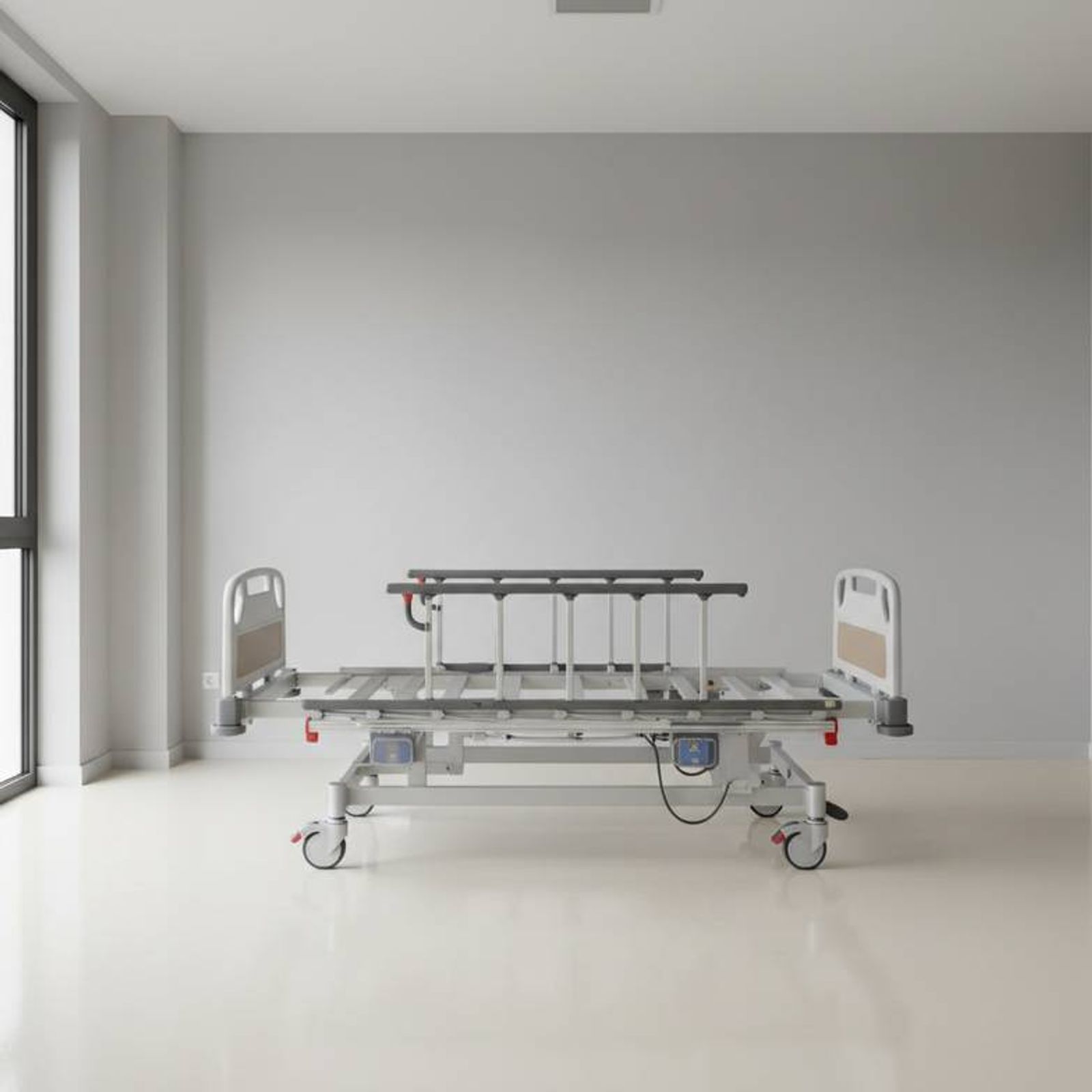 A professional-looking electric hospital bed in a clean, empty room, highlighting its features without a patient.