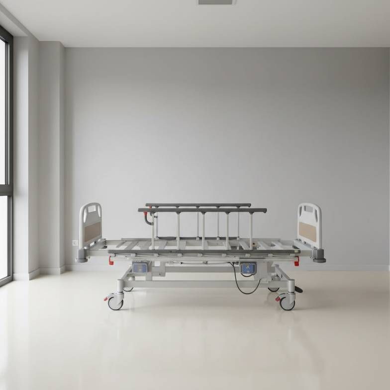 A professional-looking electric hospital bed in a clean, empty room, highlighting its features without a patient.