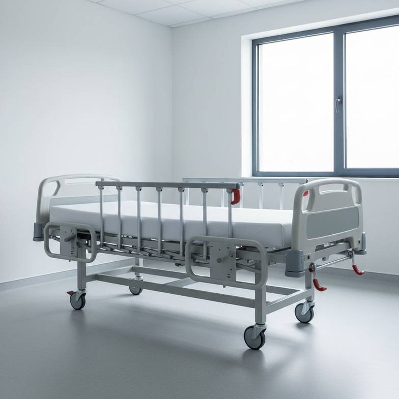 A clean, modern manual hospital bed with side rails up, positioned in a well-lit, empty hospital room.