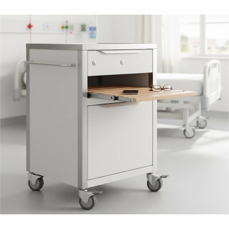 A detailed view of a hospital bedside cabinet showing optional accessories like a towel hook, a lock on the top drawer, and an integrated shelf.
