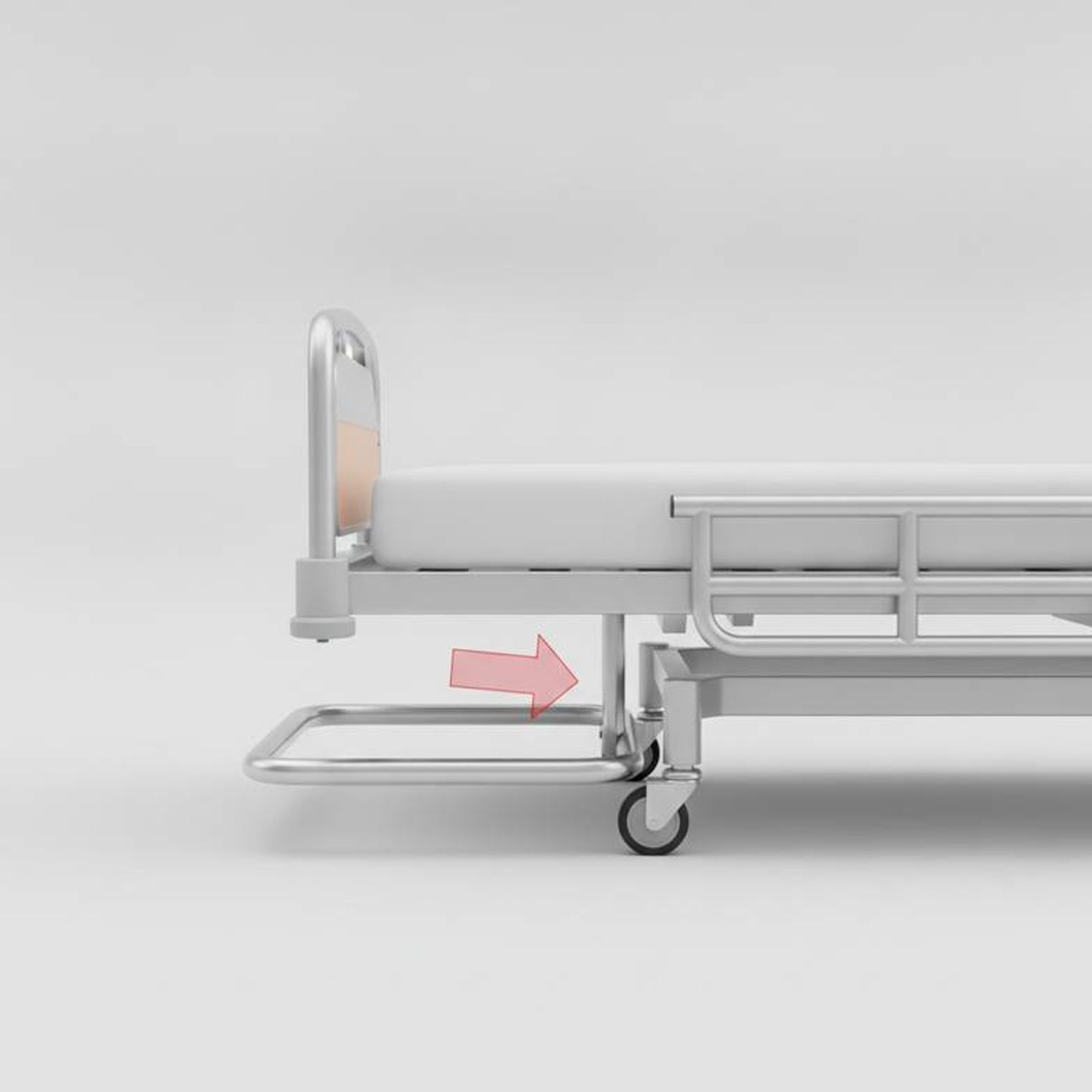 Diagram showing a patient hoist's U-shaped base needing to fit under a hospital bed to illustrate compatibility.