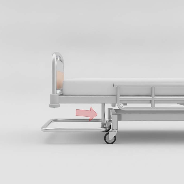 Diagram showing a patient hoist's U-shaped base needing to fit under a hospital bed to illustrate compatibility.
