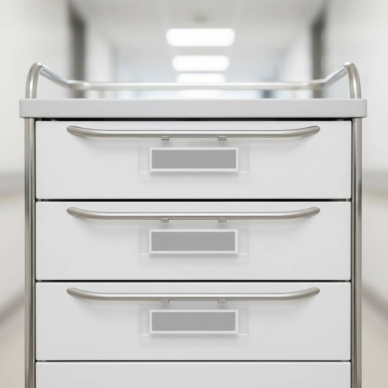 Clear, easy-to-read labels on the drawers of a medication cart