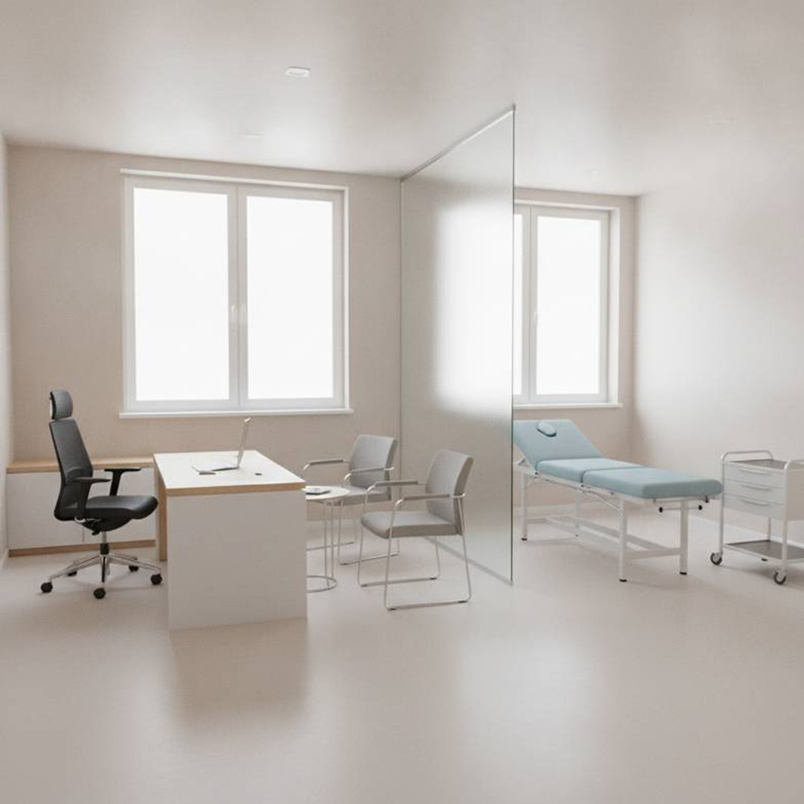 A well-planned doctor consultation room furniture layout with a desk, patient chairs, and an examination area