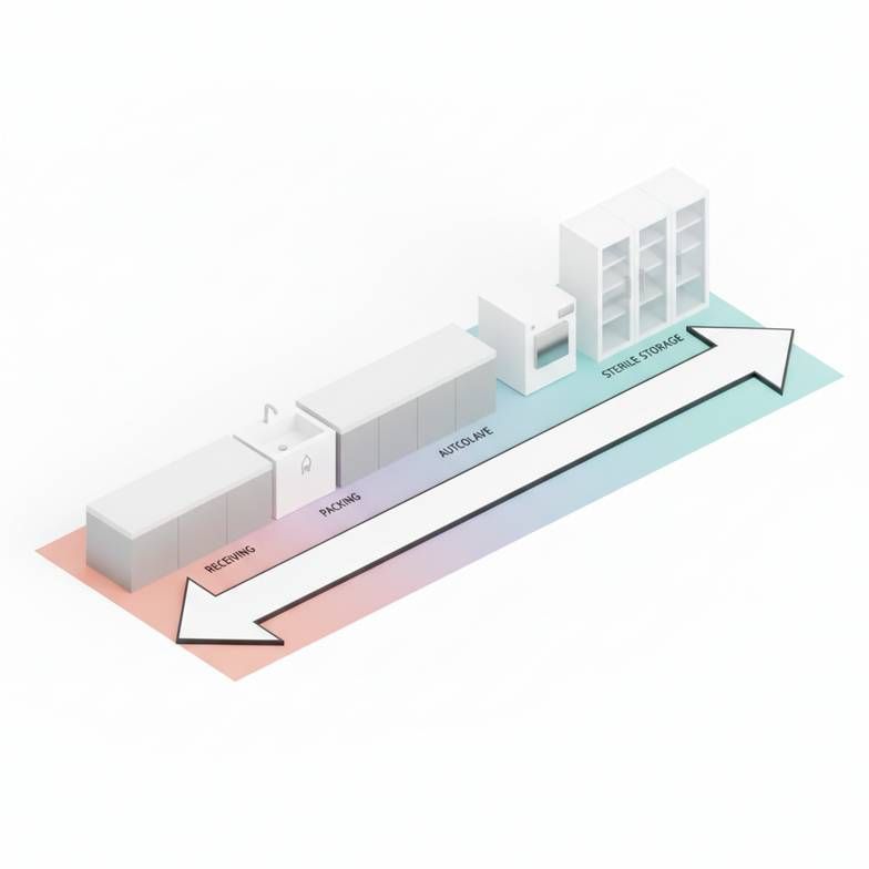 A simple diagram showing the one-way "dirty-to-clean" workflow in a dental sterilization area.