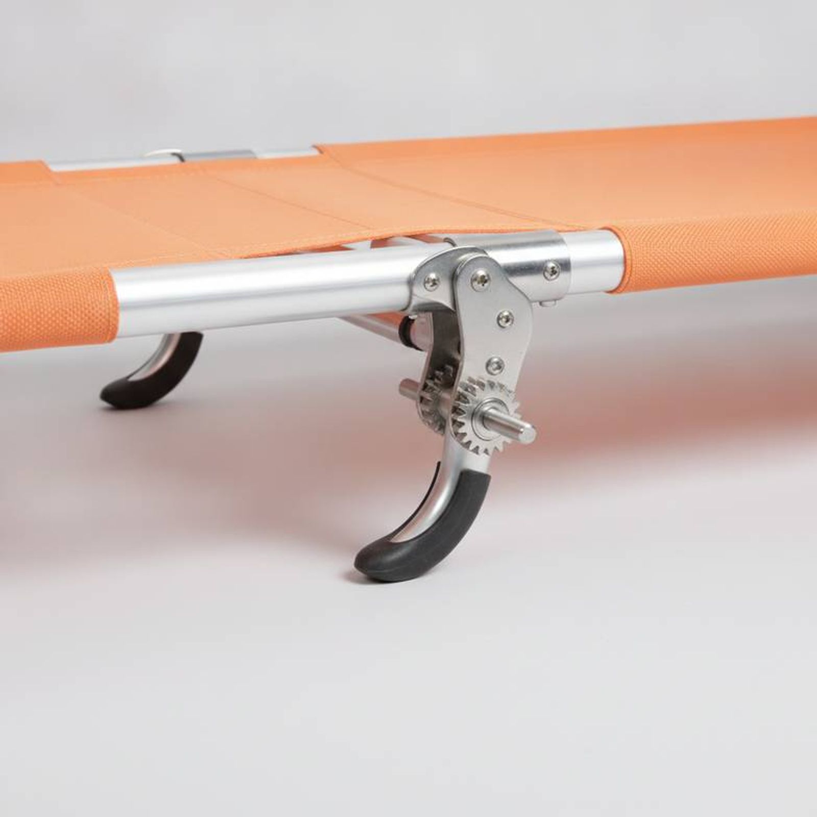 A detailed view of an emergency folding stretcher's hinge mechanism and frame