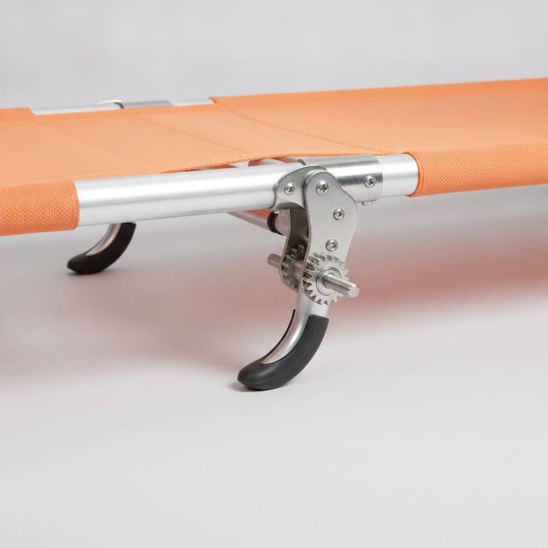 A detailed view of an emergency folding stretcher's hinge mechanism and frame