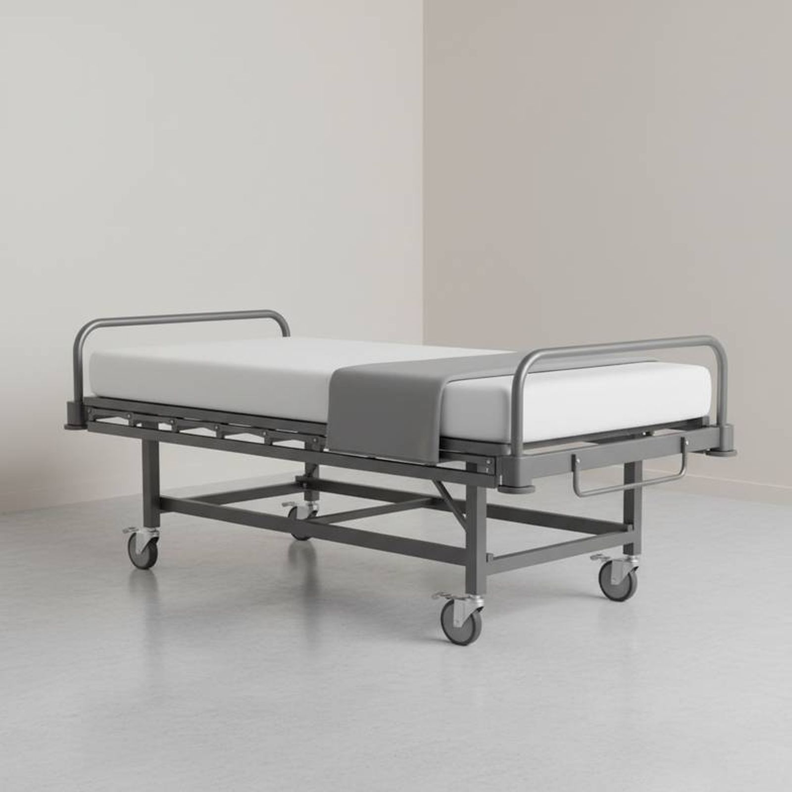 A sturdy and wide bariatric hospital bed in a clean patient room, highlighting its reinforced frame.