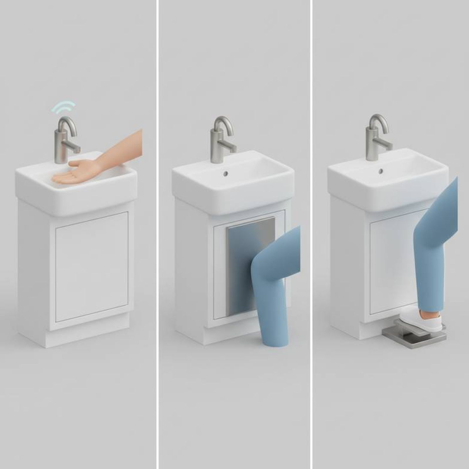A comparison of three activation methods: a hand moving under a sensor, a knee pressing a panel, and a foot on a pedal.
