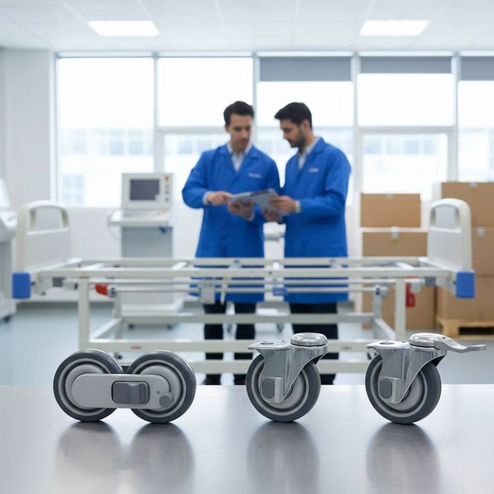Side-by-side comparison of a central locking pedal on a hospital bed and an individual locking lever on a caster.