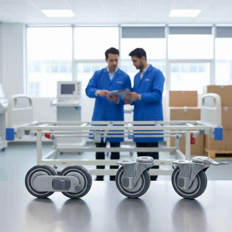 Side-by-side comparison of a central locking pedal on a hospital bed and an individual locking lever on a caster.