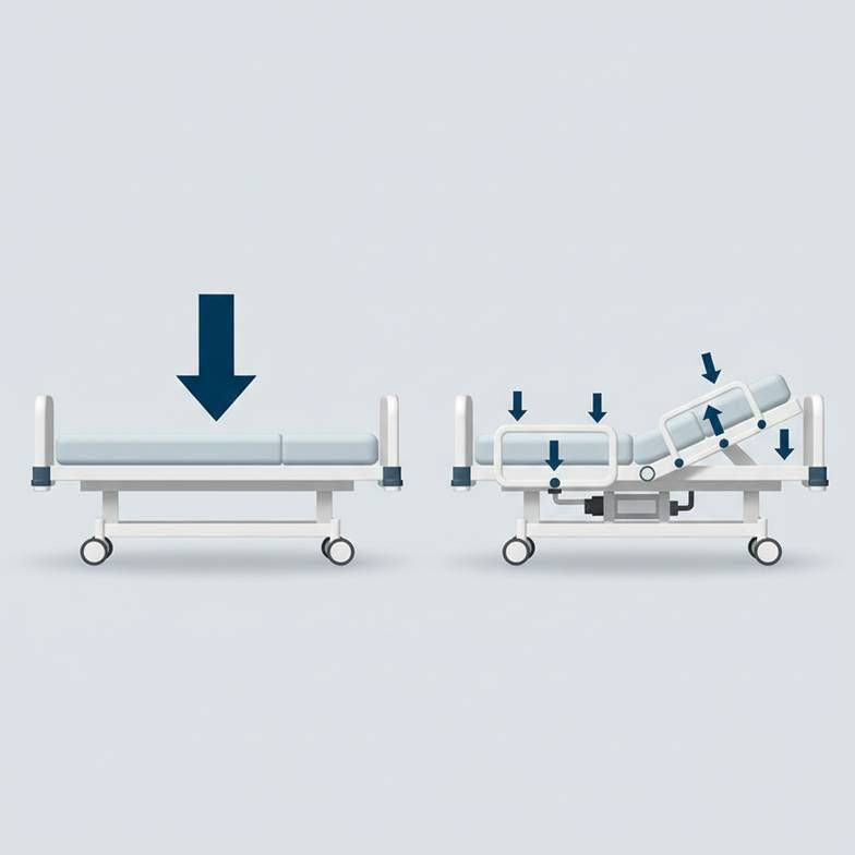 Diagram showing the forces on bariatric hospital beds during adjustment, contrasting static load with Safe Working Load SWL.