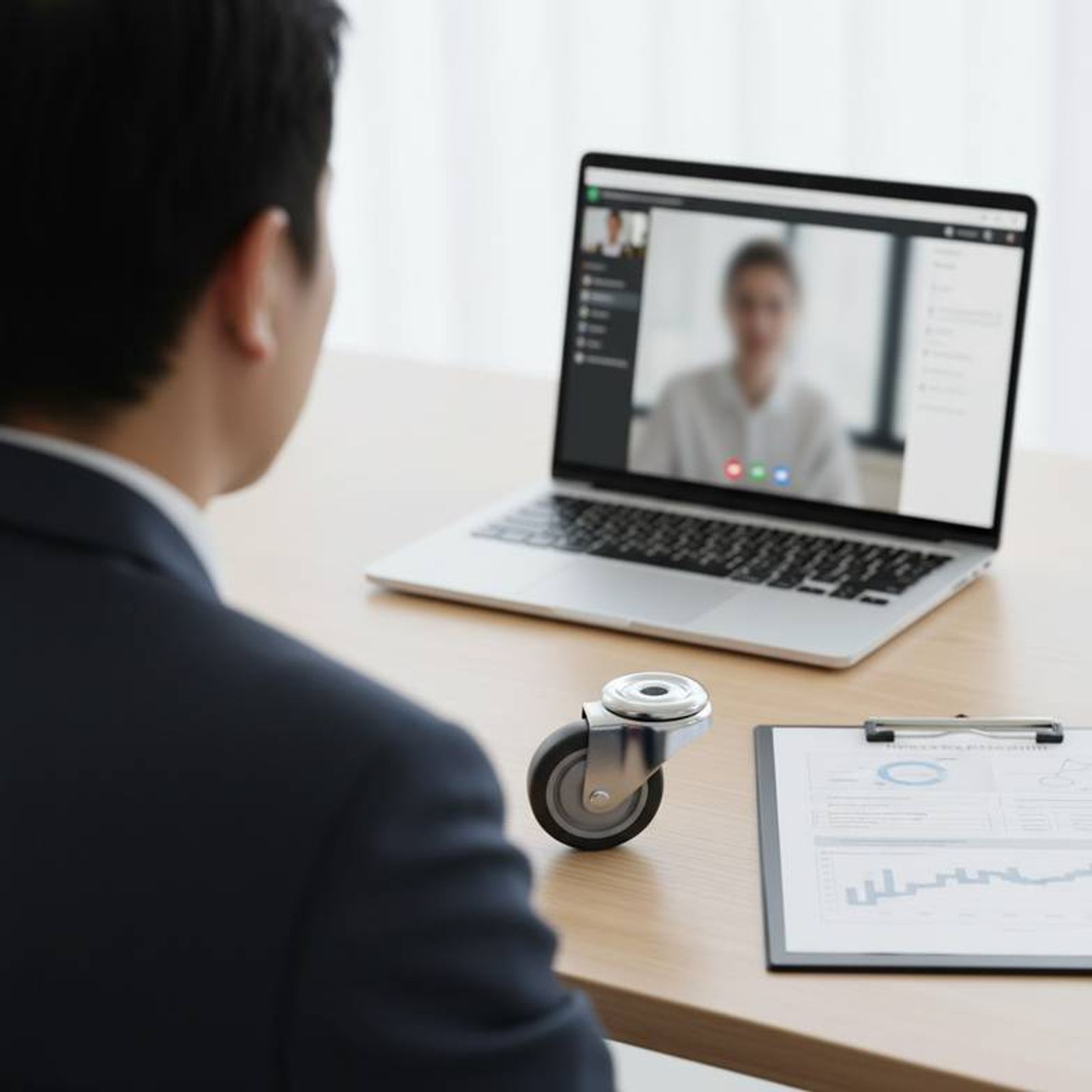 A procurement manager on a video call with a supplier, discussing long-term support and planning for medical trolley caster replacement.