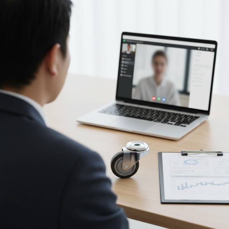 A procurement manager on a video call with a supplier, discussing long-term support and planning for medical trolley caster replacement.