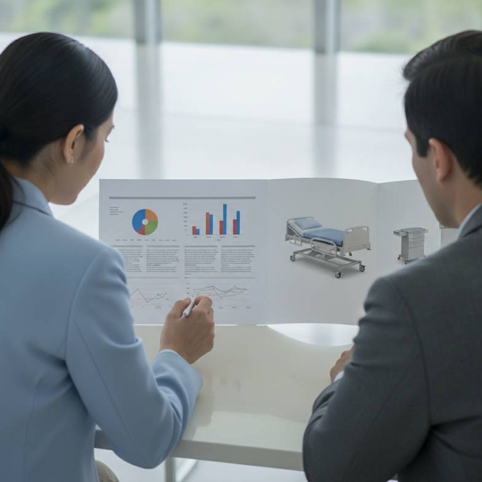 A project contractor reviewing specifications for a patient room furniture package with a supplier.