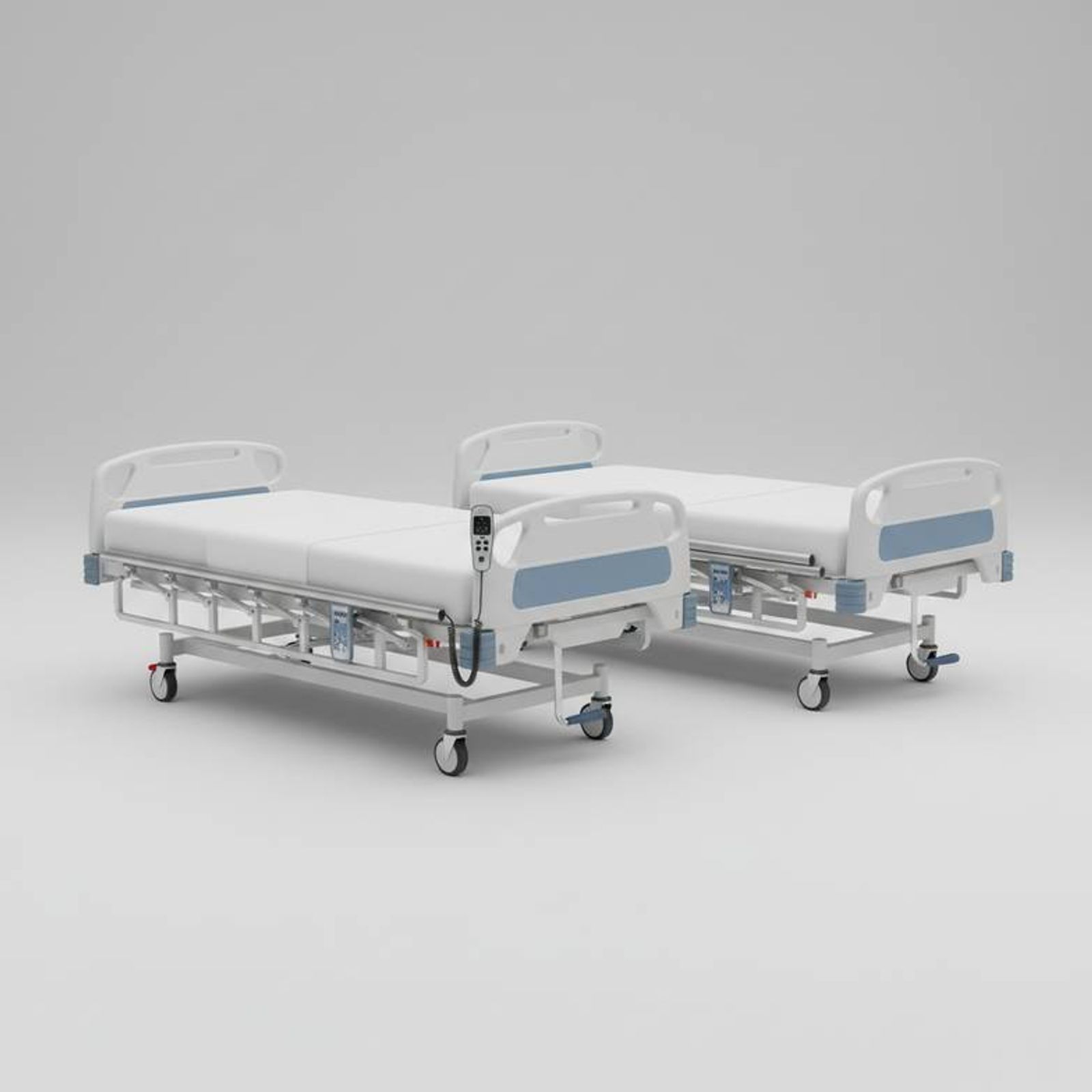 A semi-electric hospital bed next to a full-electric hospital bed in a showroom