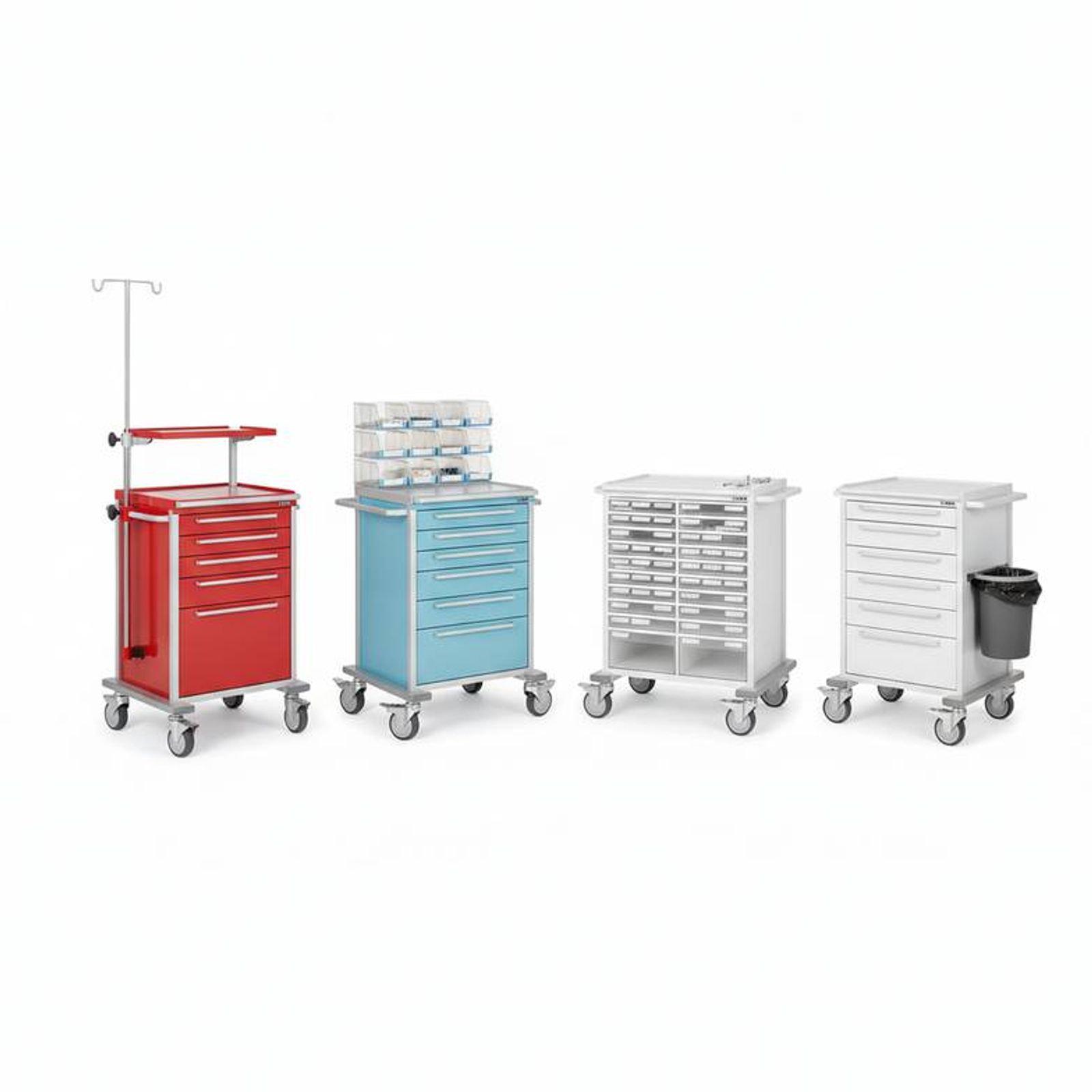 Four different types of medical cart models side-by-side: emergency, anesthesia, medication, and treatment