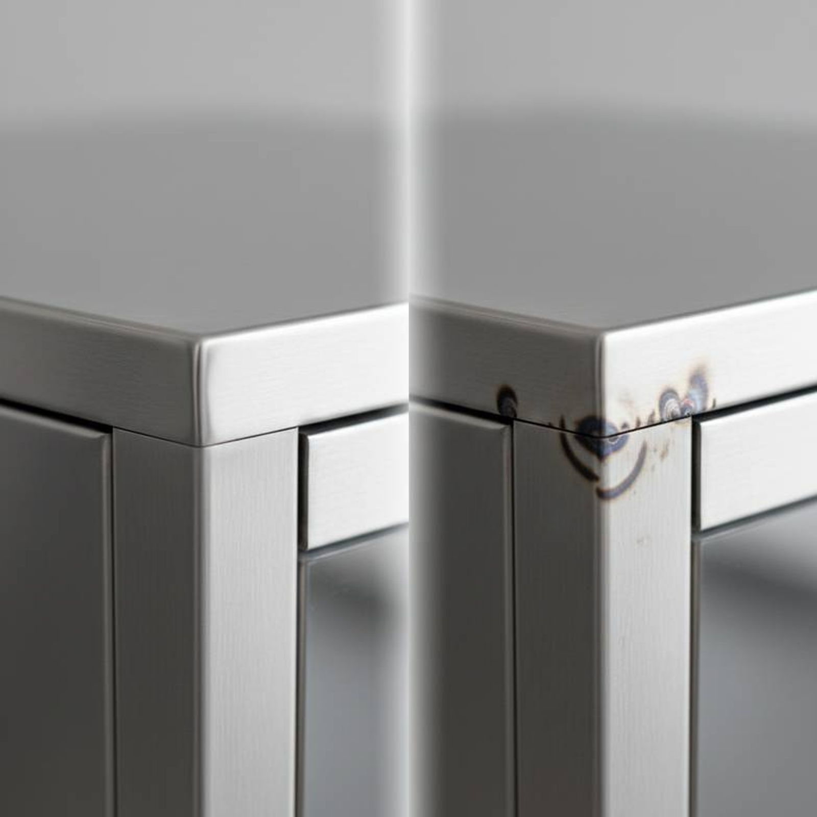Comparing a fully welded joint versus a spot welded seam on a stainless steel medical cabinet