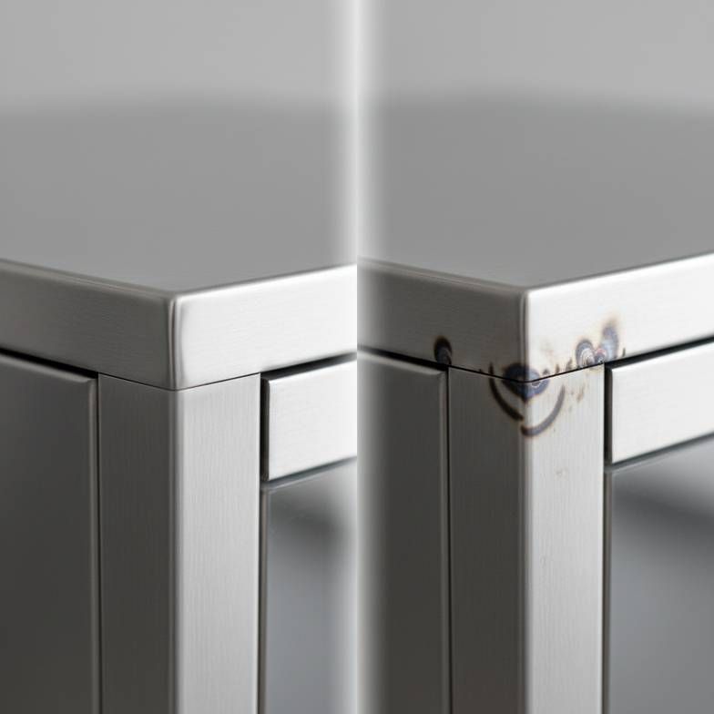Comparing a fully welded joint versus a spot welded seam on a stainless steel medical cabinet