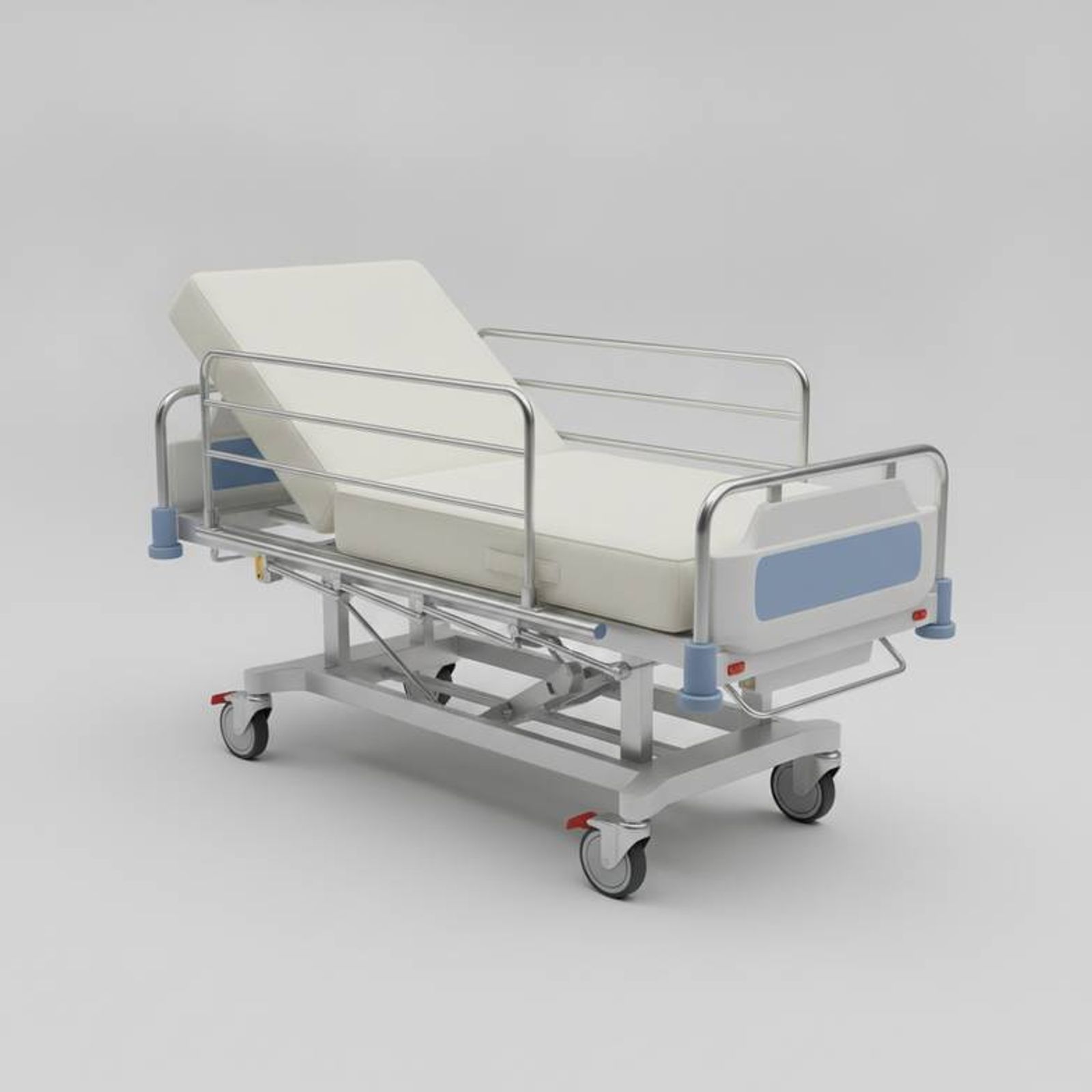 A high-quality patient transfer trolley with its side rails up and a thick mattress