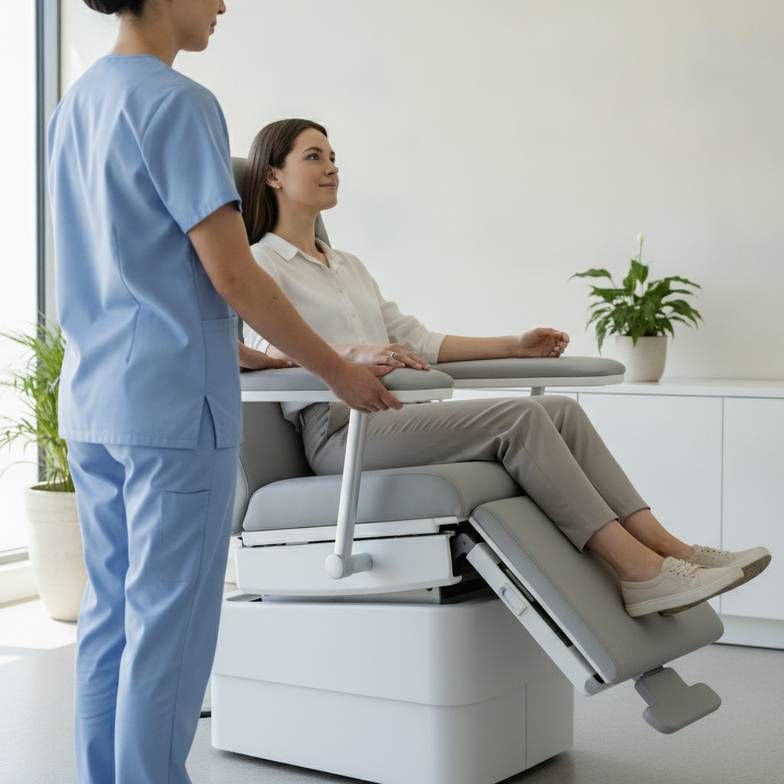 A nurse adjusting an infusion chair for a patient in a bright clinic setting.