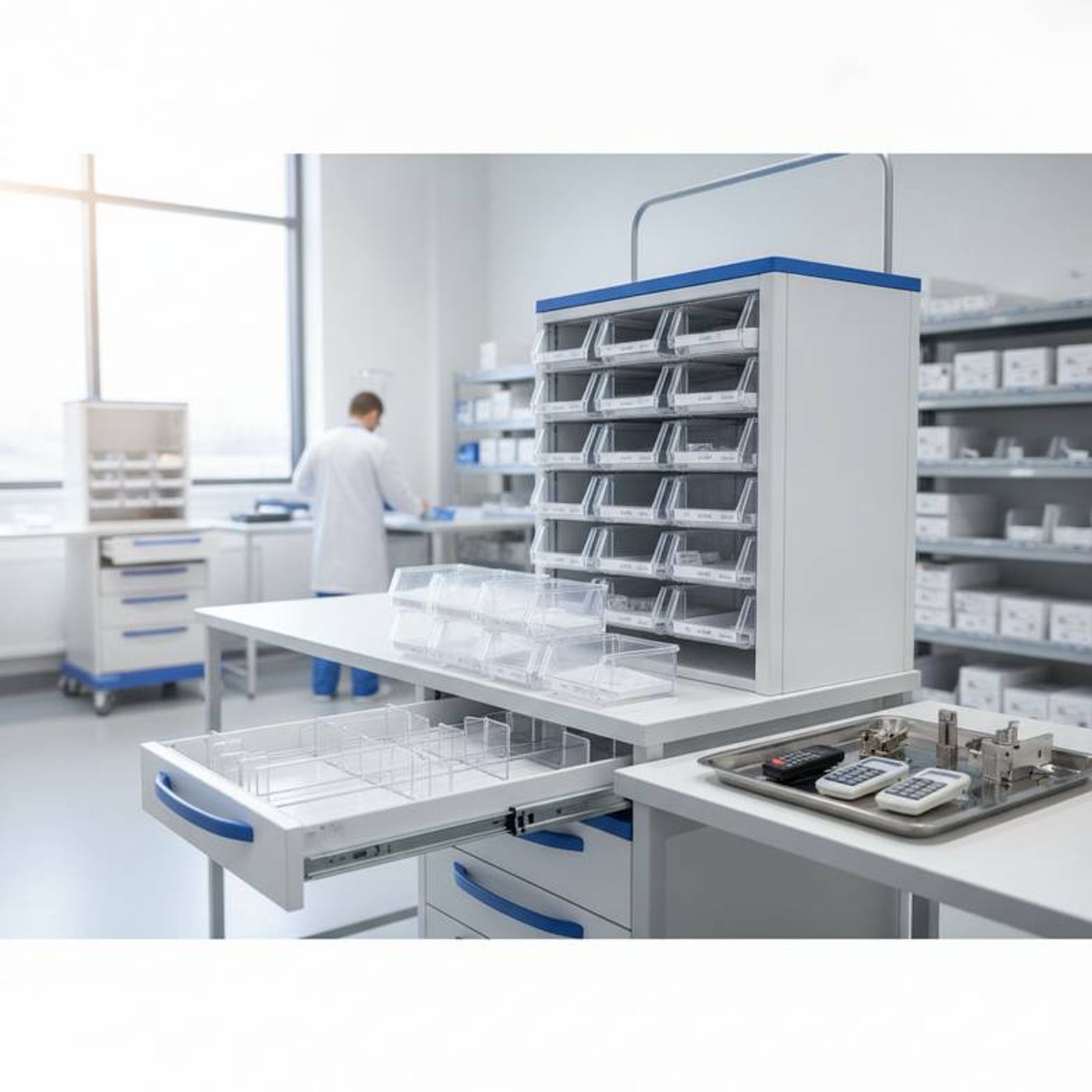 A well-organized medication cart drawer with dividers and labeled bins