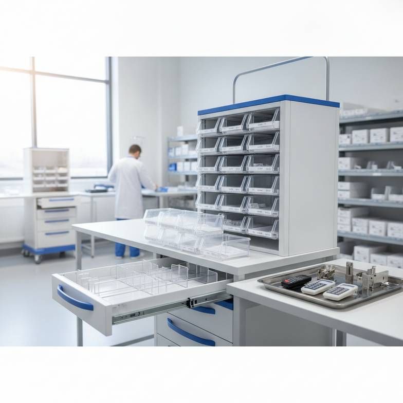 A well-organized medication cart drawer with dividers and labeled bins