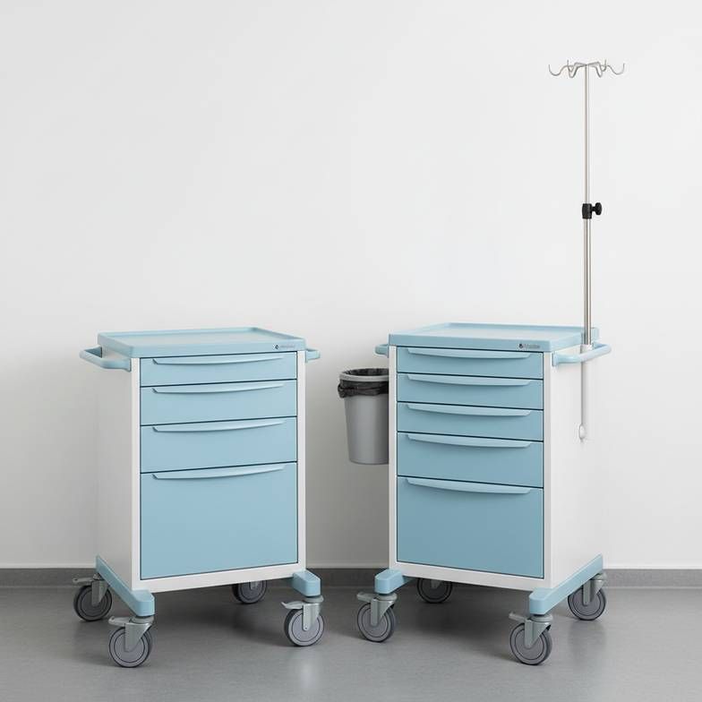 Two different medicine trolleys side-by-side, one with a simple 3-drawer layout and the other with a 5-drawer mixed-height layout and multiple accessories, illustrating the challenge of comparing by photo alone.