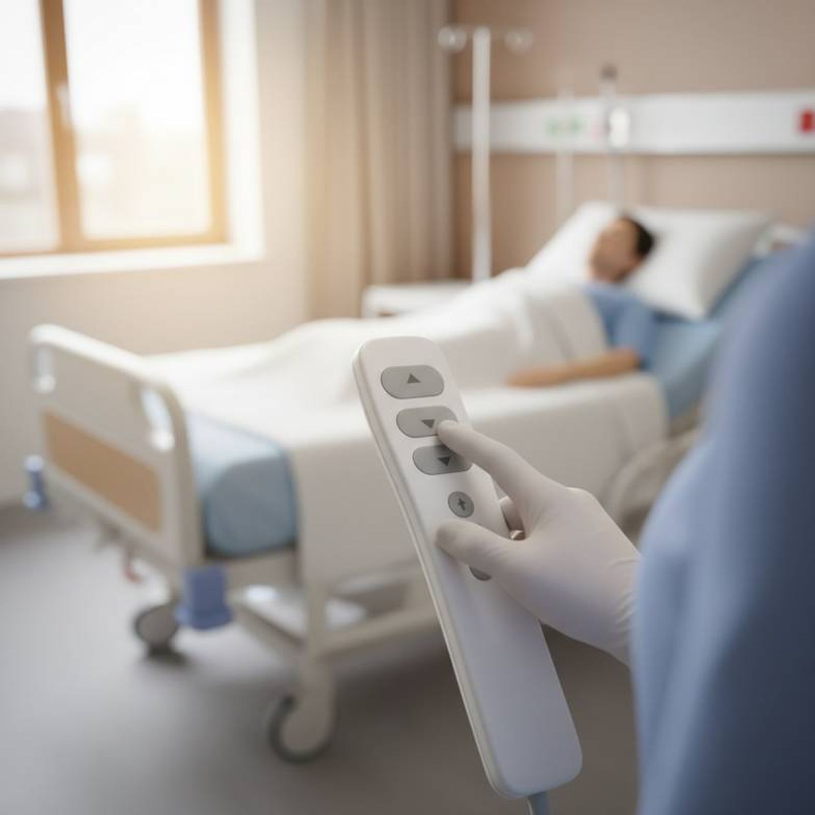 Close-up shot of a caregiver using the handset controller for an electric hospital bed, demonstrating ease of use.