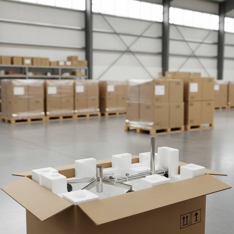 A warehouse scene showing neatly packed cartons of medical furniture, with one box open to reveal a well-protected IV stand pole and base.